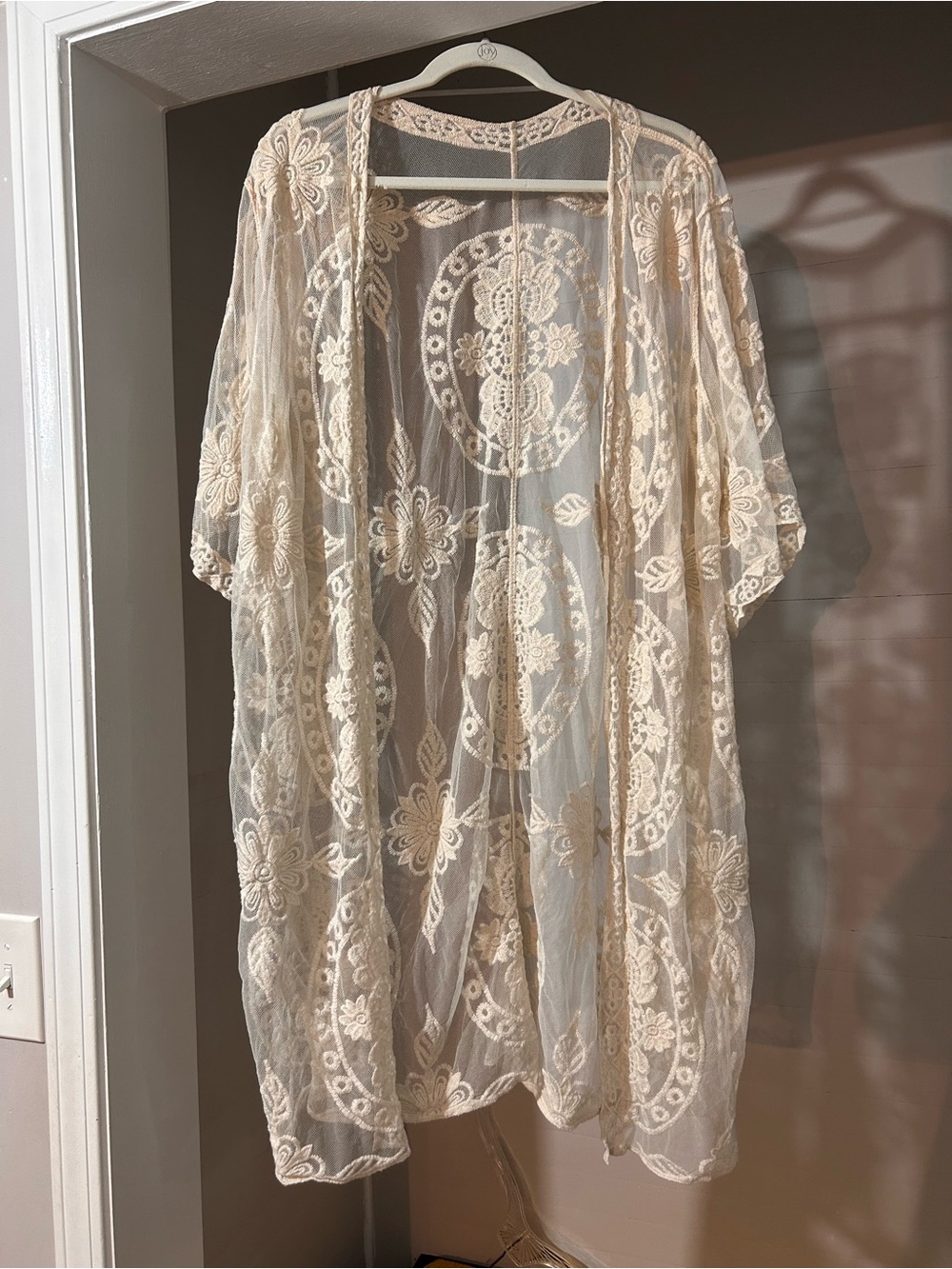Sheer Crochet Floral Kimono Robe in Cream